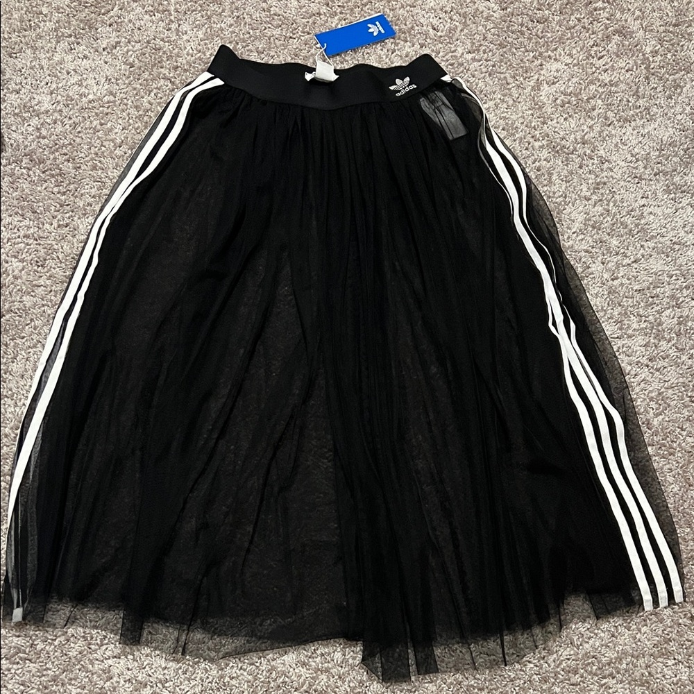 Adidas Women's Black Mesh A-Line Skirt with White Stripes